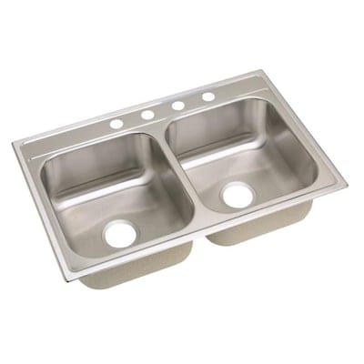 Elkay 33-in x 22-in Satin Double Equal Bowl Drop-In 4-Hole Residential Kitchen Sink