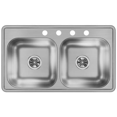 Dayton 33-in x 19-in Stainless Steel Double Equal Bowl Drop-In 4-Hole Residential Kitchen Sink