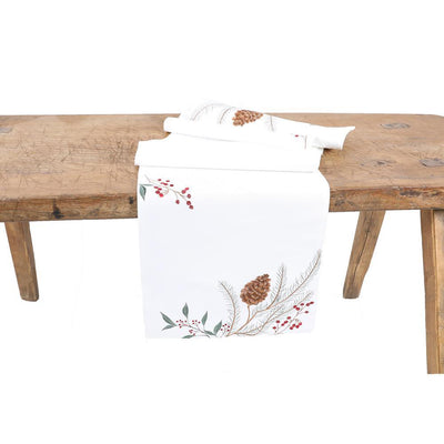 15 in. x 70 in. Pinecone And Berry Embroidered Christmas Table Runner, White - Super Arbor