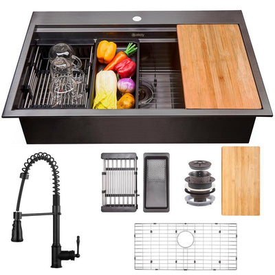 All-in-One Matte Black Finished Stainless Steel 30 in. x 22 in. Single Bowl Drop-in Kitchen Sink with Spring Neck Faucet - Super Arbor