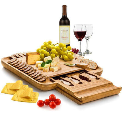 100% Natural Bamboo Cheese Board & Cutlery Set with Slide-Out Drawer - Super Arbor