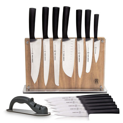 15-Piece Stainless Steel Carbon 6-Cutlery Set with Acacia Downtown Knife Block - Super Arbor