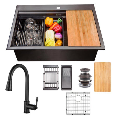 All-in-One Matte Black Finished Stainless Steel 25 in. x 22 in. Single Bowl Drop-in Kitchen Sink with Pull-down Faucet - Super Arbor
