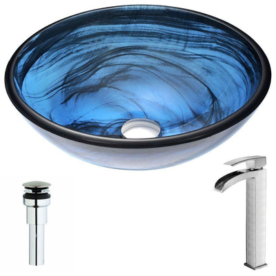 ANZZI Soave Series Deco-Glass Vessel Sink in Sapphire Wisp with Key Faucet in Brushed Nickel - Super Arbor