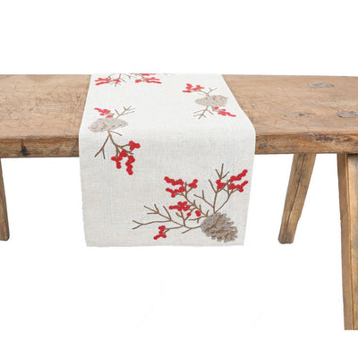 15 in. x 90 in. Christmas Pine Cone Crewel Embroidered Table Runner, Natural - Super Arbor
