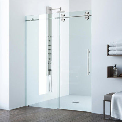Elan 68 to 72 in. x 74 in. Frameless Sliding Shower Door in Stainless Steel with Clear Glass and Handle - Super Arbor