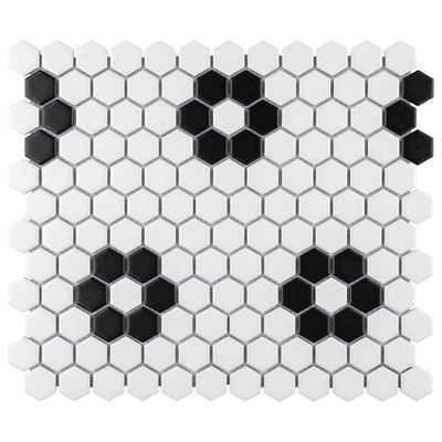 Merola Tile Metro Hex Matte White with Flower 10-1/4 in. x 11-3/4 in. x 6mm Porcelain Mosaic Tile (8.56 sq. ft. / Case) - Super Arbor