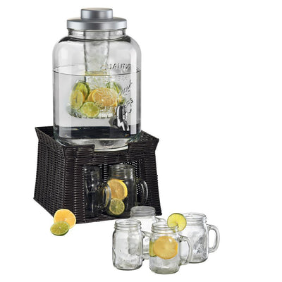 3 Gal. Masonware Chill and Flavor Beverage Dispenser with Faux Wicker Stand and 6-Mason Jar Mugs with Handles - Super Arbor