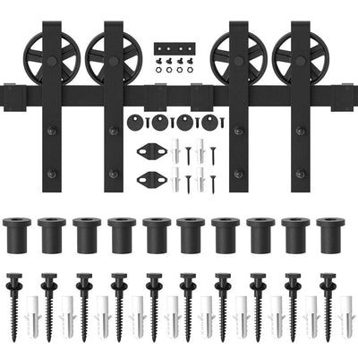 12 ft. /144 in. Frosted Black Sliding Barn Door Track and Hardware Kit for Double Doors with Non-Routed Floor Guide - Super Arbor