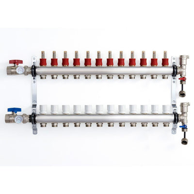 1 in. NPT Inlet x 1/2 in. Stainless Steel Compression Connection 12-Outlet Radiant Heating Manifold