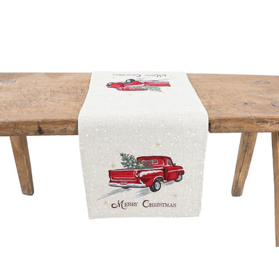 15 in. x 70 in. Merry Christmas Truck Embroidered Table Runner, Natural - Super Arbor