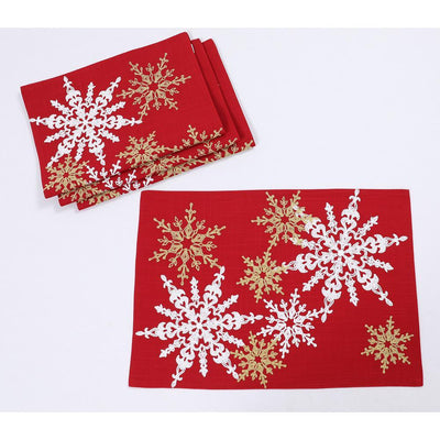14 in. x 20 in. Red Magical Snowflakes Crewel Embroidered Christmas Placemats (Set of 4), Polyester - Super Arbor