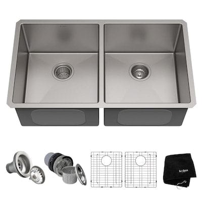 Kraus Handmade 33-in x 19-in Stainless Steel Double Equal Bowl Undermount Commercial/Residential Kitchen Sink