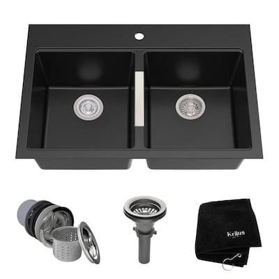 Kraus Granite 33-in x 22-in Black Onyx Double Equal Bowl Drop-In or Undermount 1-Hole Commercial/Residential Kitchen Sink