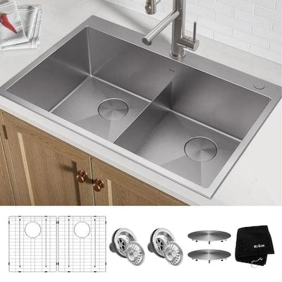 Kraus Standart Pro 33-in x 22-in Stainless Steel Double Equal Bowl Drop-In or Undermount 2-Hole Commercial/Residential Kitchen Sink