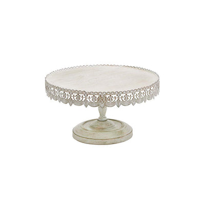 16 in. W x 9 in. H Whitewashed and Rust Brown Round Iron Cake Stand with Floral Bunting Overhang - Super Arbor