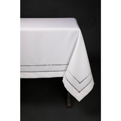 60 in. in. x 84 in. White Double Hemstitch Easy-Care Tablecloth - Super Arbor