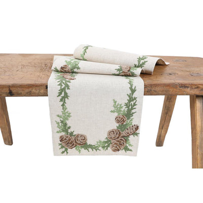 15 in. x 70 in. Winter Pine Cones & Branches Crewel Embroidered Table Runner, Natural - Super Arbor
