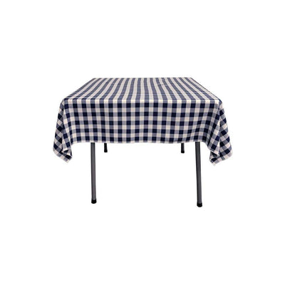 52 in. x 52 in. White and Navy Blue Polyester Gingham Checkered Square Tablecloth - Super Arbor