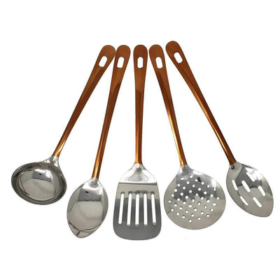 5-Piece Copper Stainless Steel Serving Utensil Set (Spoon, Slotted Spoon, Turner, Ladle and Skimmer) - Super Arbor