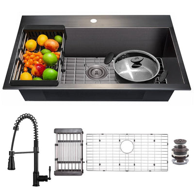 All-in-One Matte Black Finished Stainless Steel 33 in. x 22 in. Drop-In Single Bowl Kitchen Sink with Spring Neck Faucet - Super Arbor
