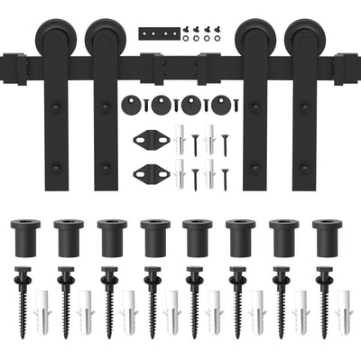 11 ft./132 in. Frosted Black Strap Sliding Barn Door Track Hardware Kit for Double Wood Doors Non-Routed Floor Guide - Super Arbor