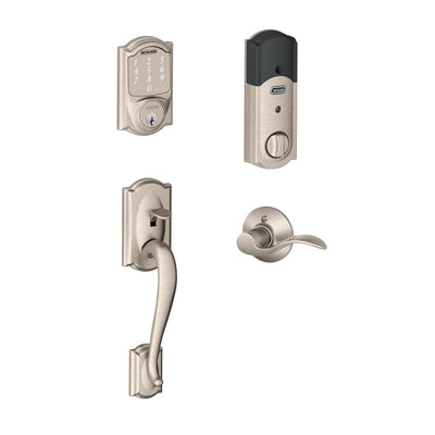 Camelot Satin Nickel Sense Smart Deadbolt and Camelot Handleset with Accent Lever with Camelot Trim - Super Arbor