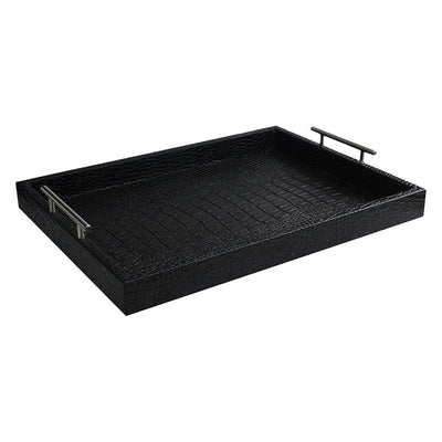 19 in. x 3 in. x 14 in. Alligator Black Leather and Polypropylene Rectangle Serving Tray with Metal Handles - Super Arbor