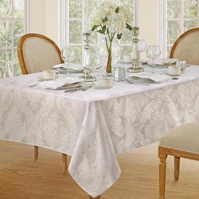 60 in. W x 120 in. L White Elrene Barcelona Damask Fabric Tablecloth - Super Arbor