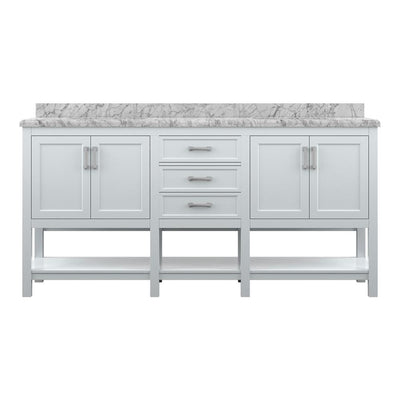Everett 72 in. W x 22 in. D Vanity Cabinet in White with Carrara Marble Vanity Top in White with White Basins - Super Arbor