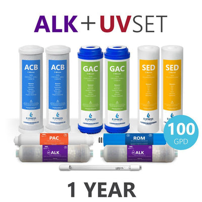 1 Year Reverse Osmosis Alkaline UV System Full Replacement Filter Set - 11 Total Filters With 100 GPD Membrane