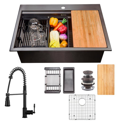 All-in-One Matte Black Finished Stainless Steel 25 in. x 22 in. Single Bowl Drop-in Kitchen Sink with Spring Neck Faucet - Super Arbor