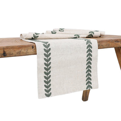 15 in. x 70 in. Cute Leaves Crewel Embroidered Table Runner, Pine Green/Natural - Super Arbor