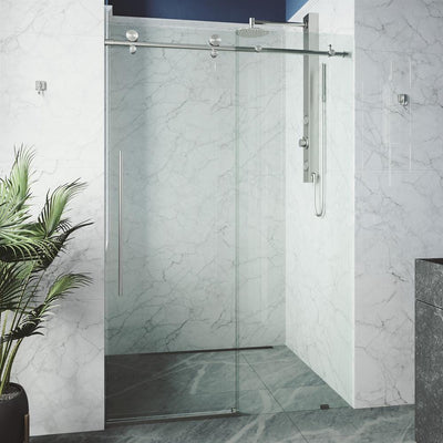 Elan E-class 72 in. x 76 in. Frameless Sliding Shower Door in Stainless Steel with Clear Glass and Handle - Super Arbor