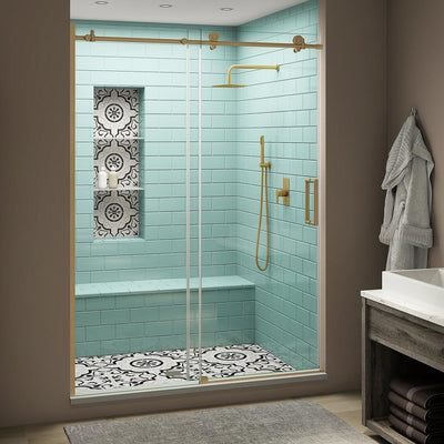Coraline XL 56 - 60 in. x 80 in. Frameless Sliding Shower Door with StarCast Clear Glass in Brushed Gold Right Hand - Super Arbor